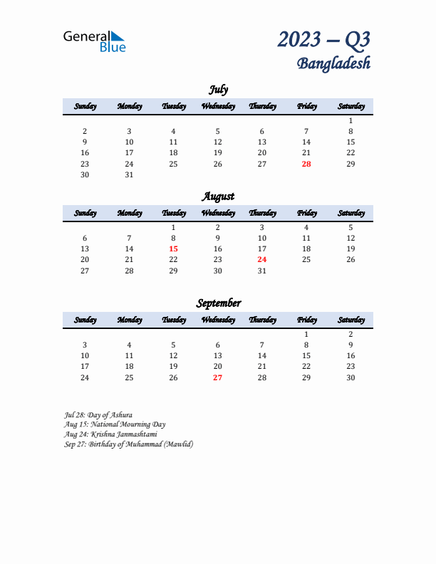 July, August, and September Calendar for Bangladesh with Sunday Start