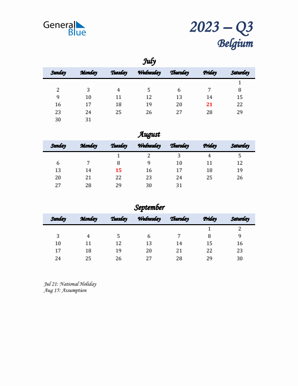 July, August, and September Calendar for Belgium with Sunday Start