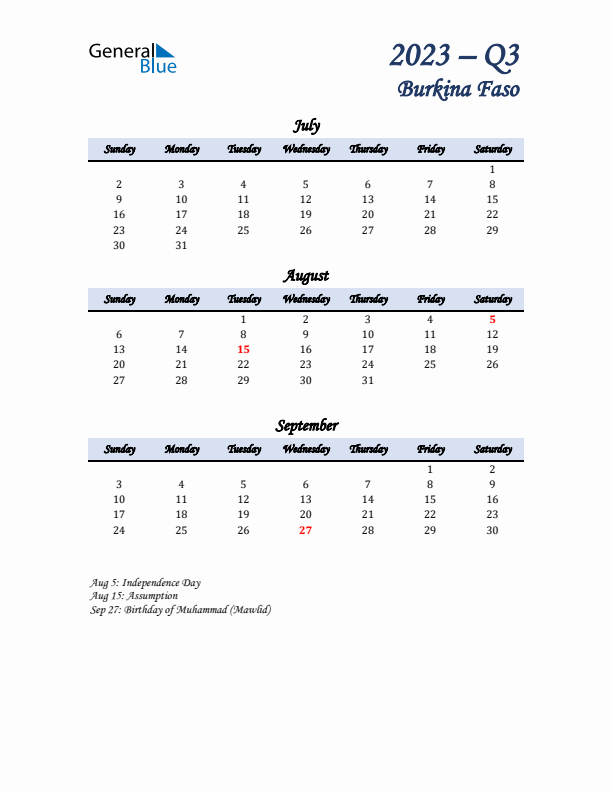 July, August, and September Calendar for Burkina Faso with Sunday Start