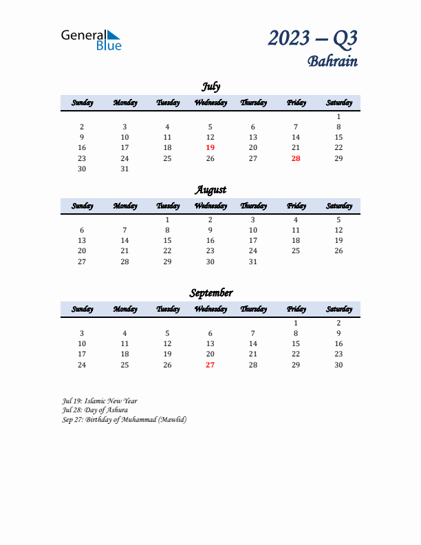 July, August, and September Calendar for Bahrain with Sunday Start