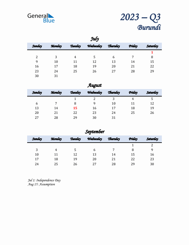 July, August, and September Calendar for Burundi with Sunday Start