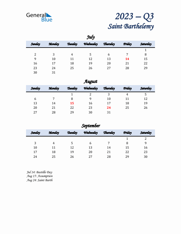 July, August, and September Calendar for Saint Barthelemy with Sunday Start