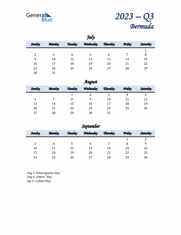 July, August, and September Calendar for Bermuda with Sunday Start