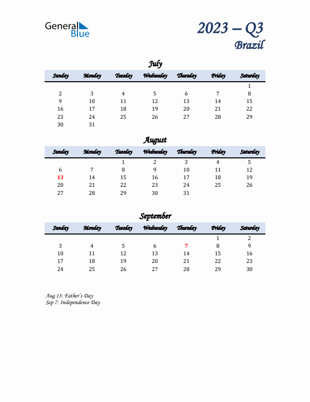 July, August, and September Calendar for Brazil with Sunday Start