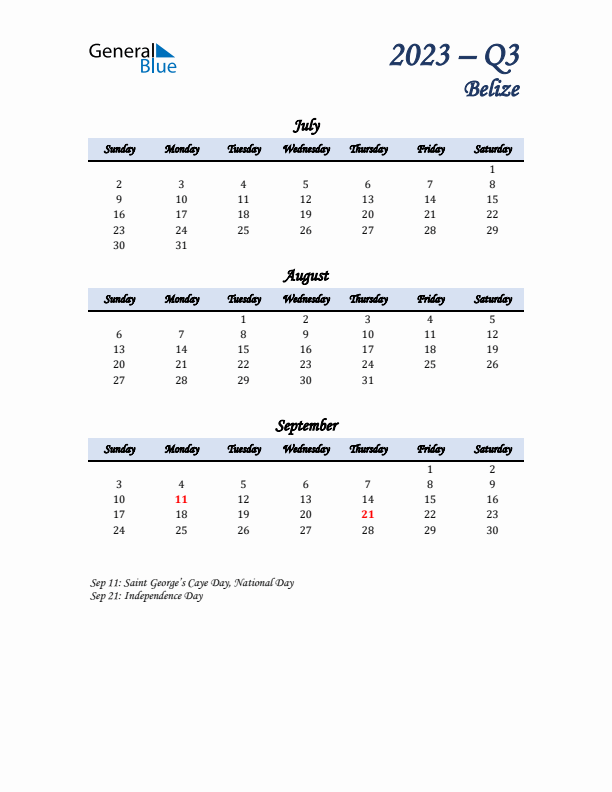 July, August, and September Calendar for Belize with Sunday Start