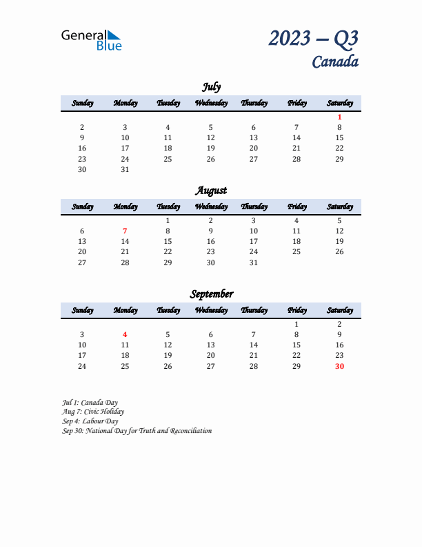 July, August, and September Calendar for Canada with Sunday Start