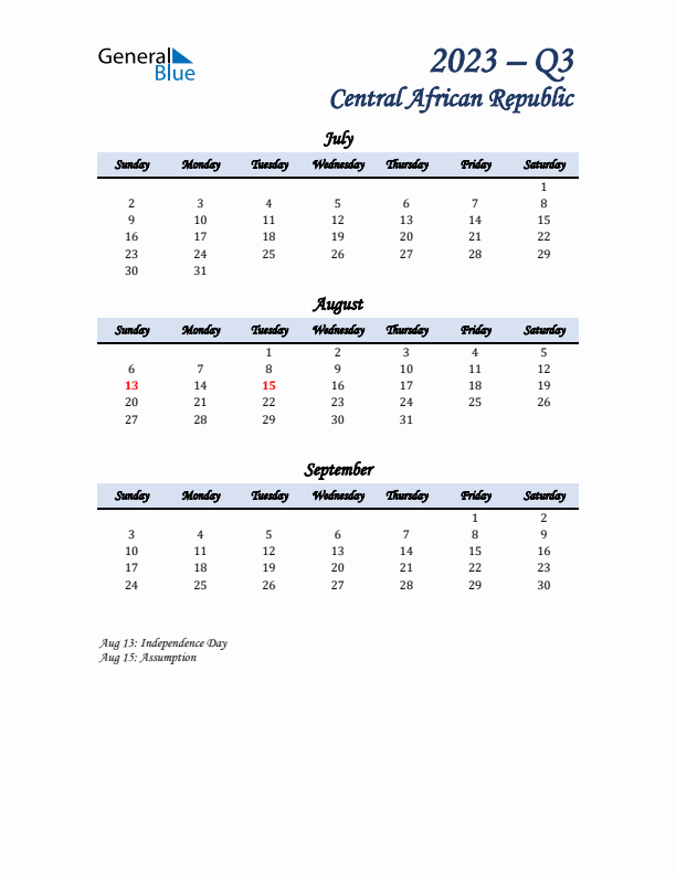 July, August, and September Calendar for Central African Republic with Sunday Start