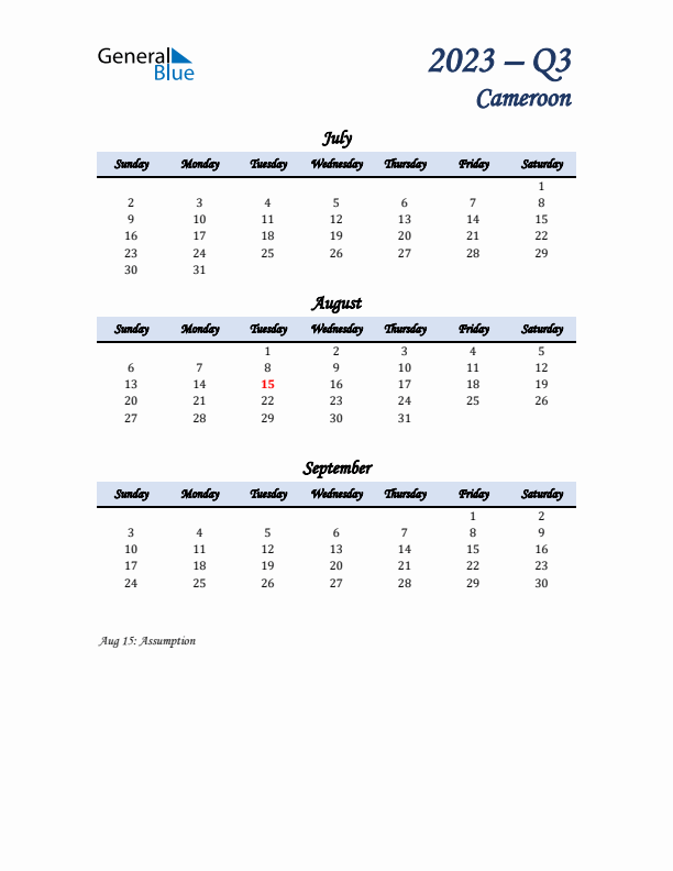 July, August, and September Calendar for Cameroon with Sunday Start