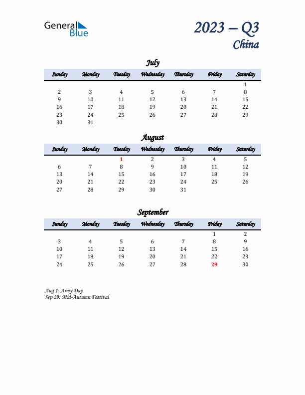 July, August, and September Calendar for China with Sunday Start