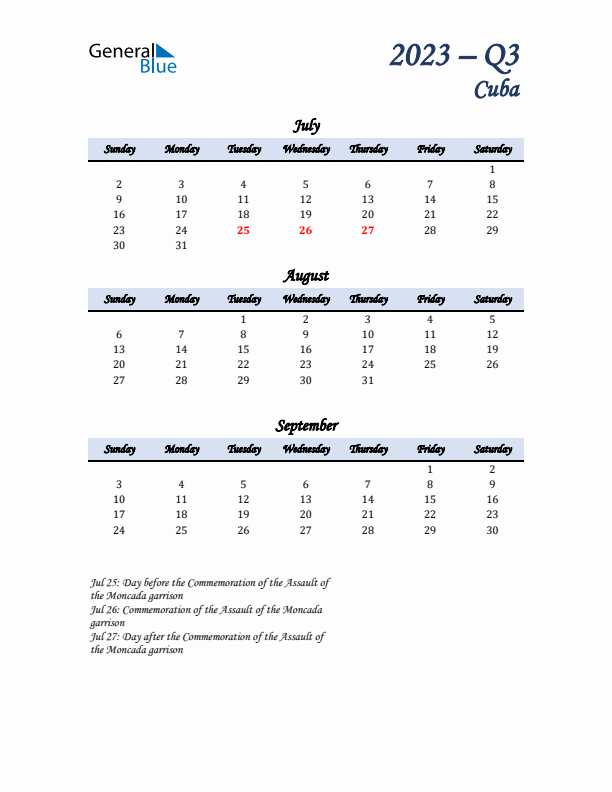 July, August, and September Calendar for Cuba with Sunday Start