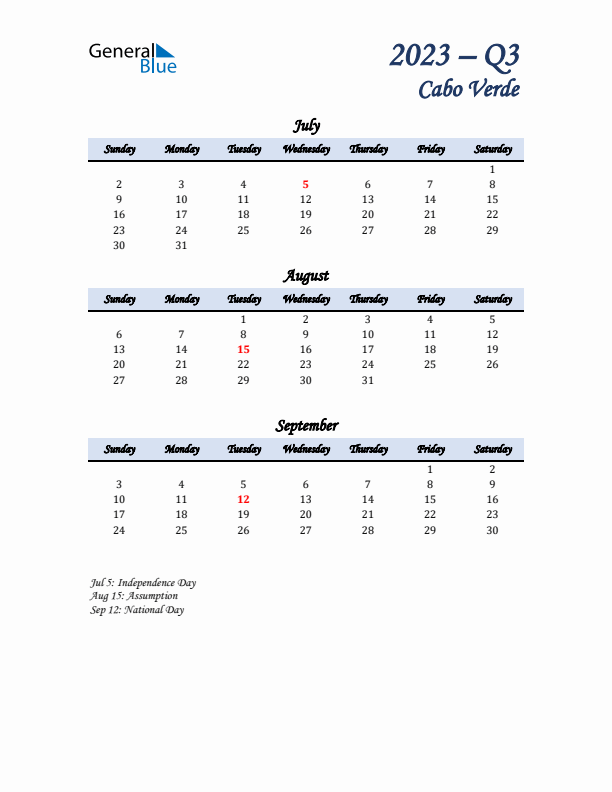 July, August, and September Calendar for Cabo Verde with Sunday Start