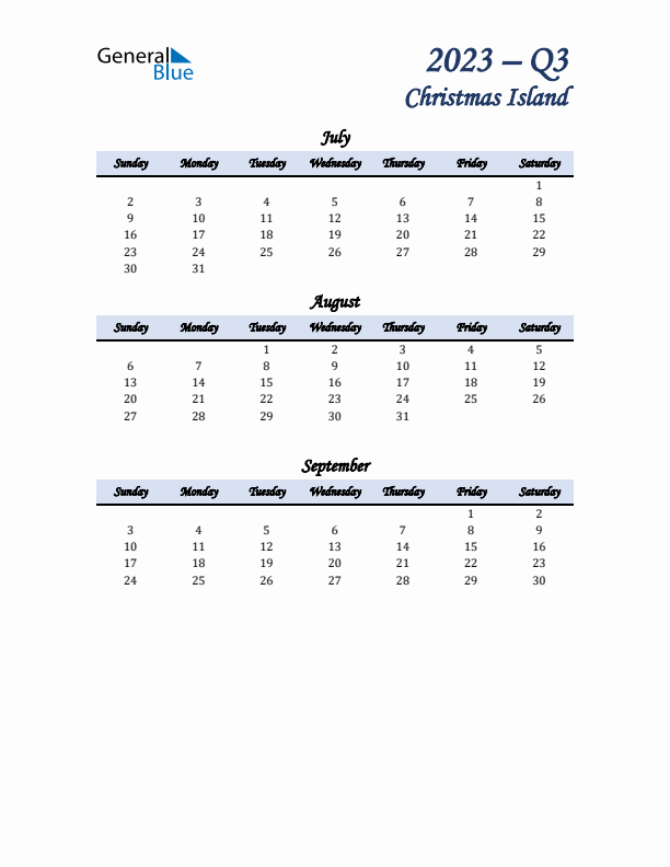 July, August, and September Calendar for Christmas Island with Sunday Start