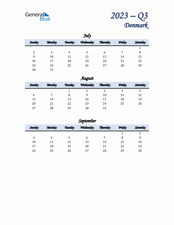 July, August, and September Calendar for Denmark with Sunday Start