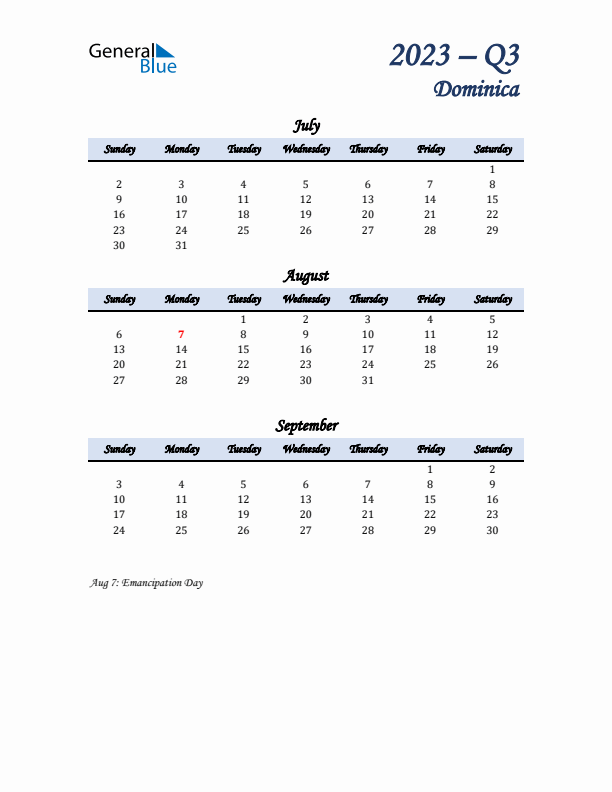 July, August, and September Calendar for Dominica with Sunday Start