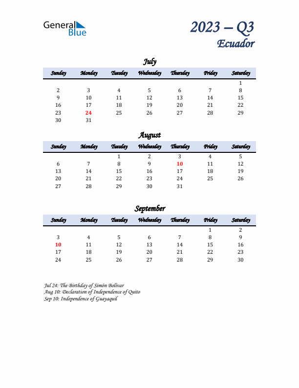 July, August, and September Calendar for Ecuador with Sunday Start