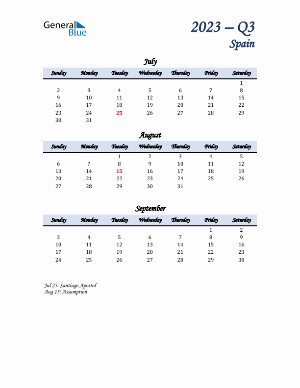 July, August, and September Calendar for Spain with Sunday Start