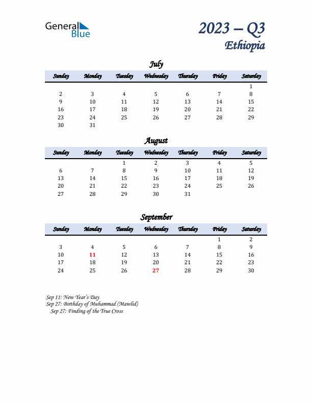 July, August, and September Calendar for Ethiopia with Sunday Start