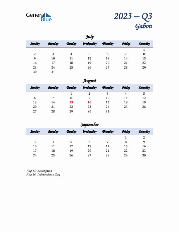 July, August, and September Calendar for Gabon with Sunday Start