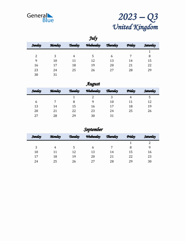 July, August, and September Calendar for United Kingdom with Sunday Start