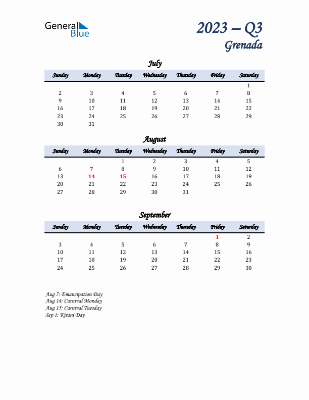 July, August, and September Calendar for Grenada with Sunday Start