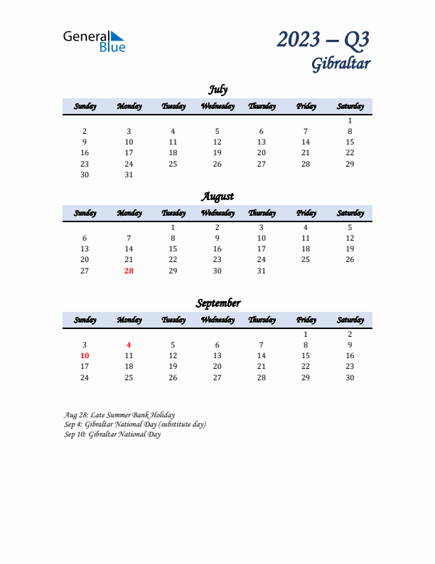 July, August, and September Calendar for Gibraltar with Sunday Start