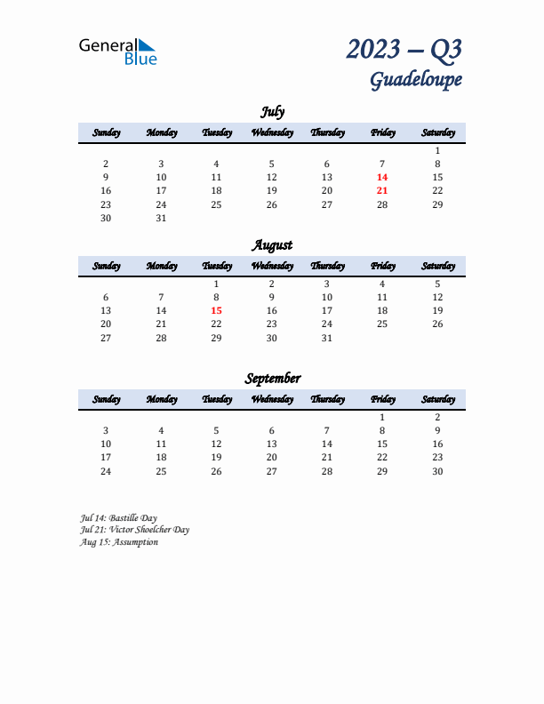 July, August, and September Calendar for Guadeloupe with Sunday Start