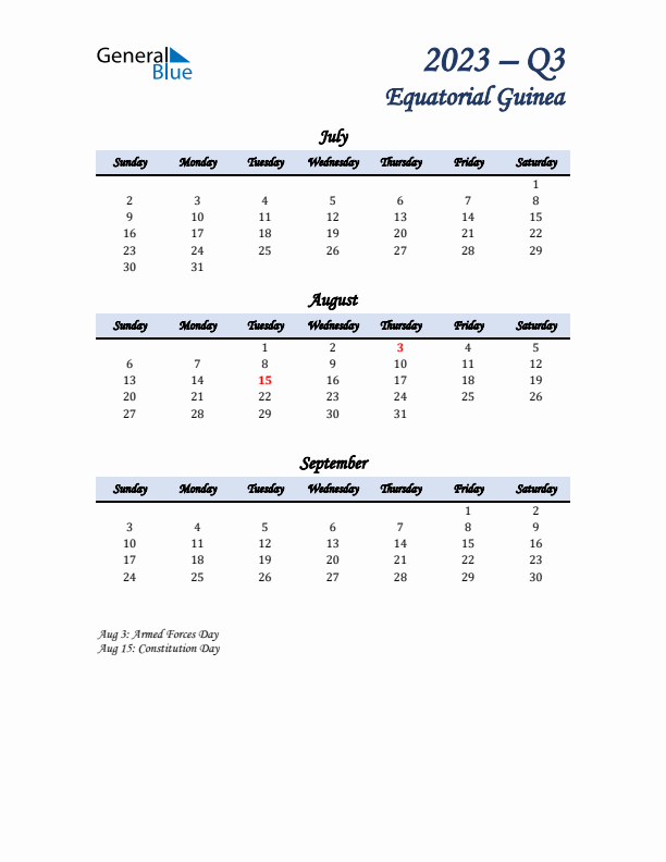 July, August, and September Calendar for Equatorial Guinea with Sunday Start