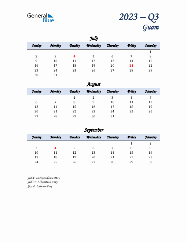 July, August, and September Calendar for Guam with Sunday Start