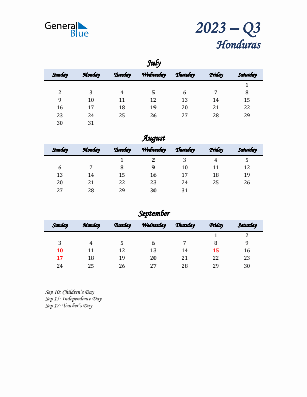 July, August, and September Calendar for Honduras with Sunday Start