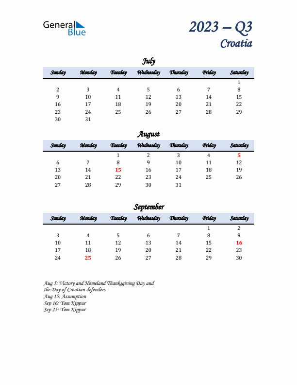 July, August, and September Calendar for Croatia with Sunday Start