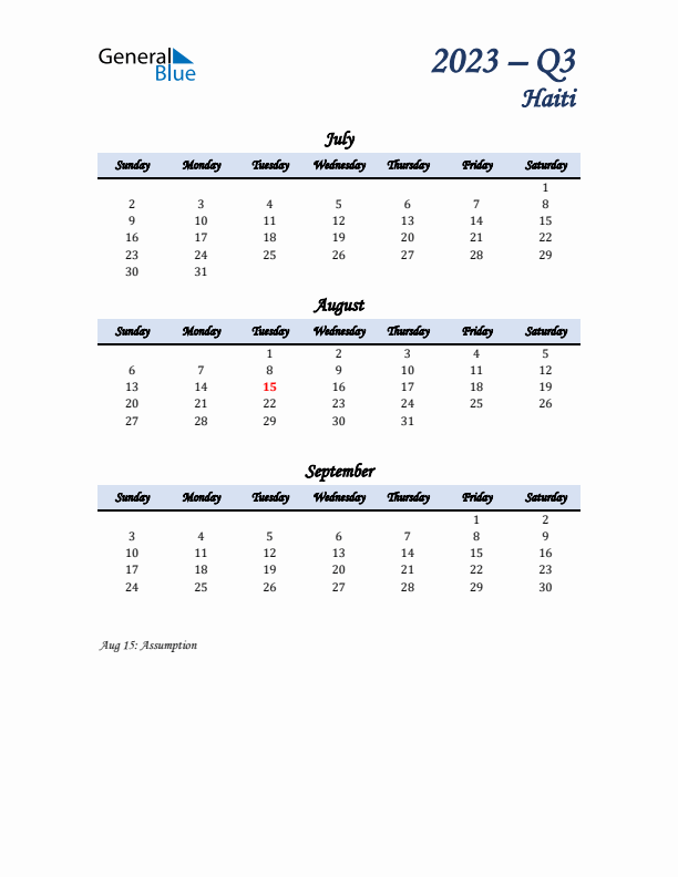 July, August, and September Calendar for Haiti with Sunday Start