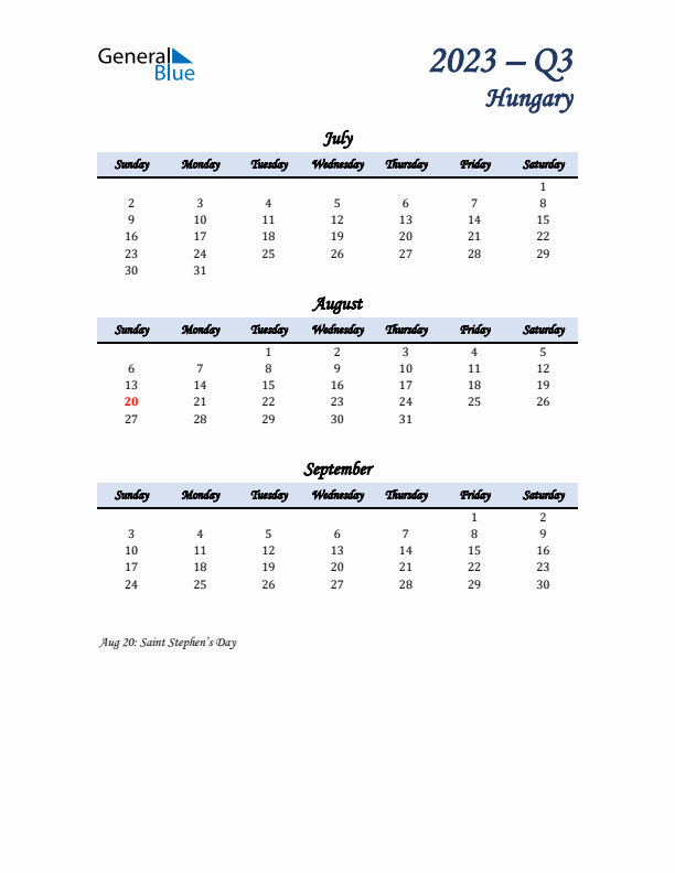 July, August, and September Calendar for Hungary with Sunday Start