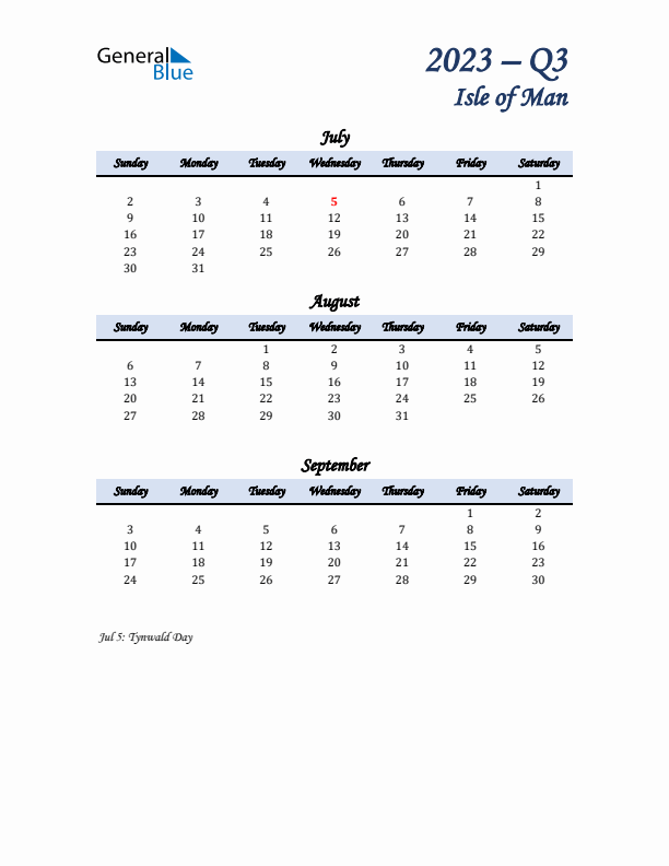 July, August, and September Calendar for Isle of Man with Sunday Start