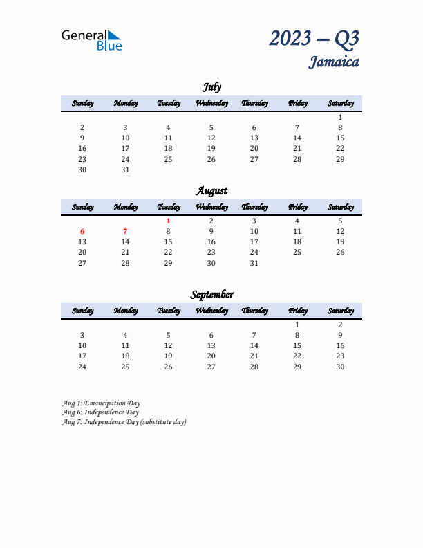 July, August, and September Calendar for Jamaica with Sunday Start