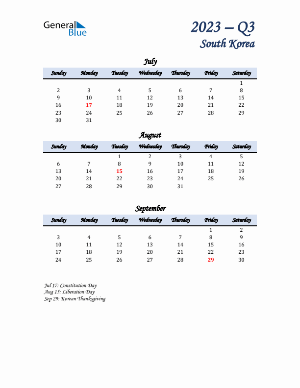 July, August, and September Calendar for South Korea with Sunday Start