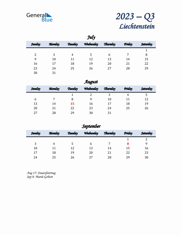 July, August, and September Calendar for Liechtenstein with Sunday Start