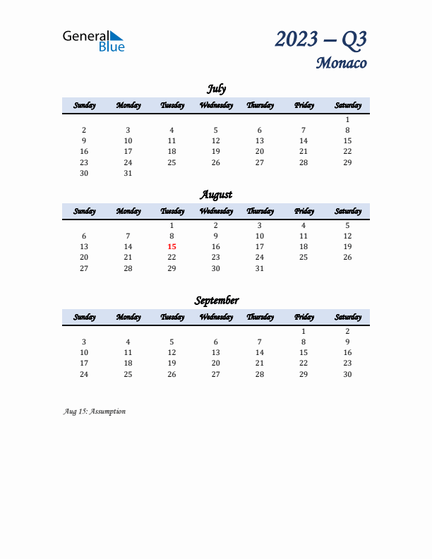 July, August, and September Calendar for Monaco with Sunday Start