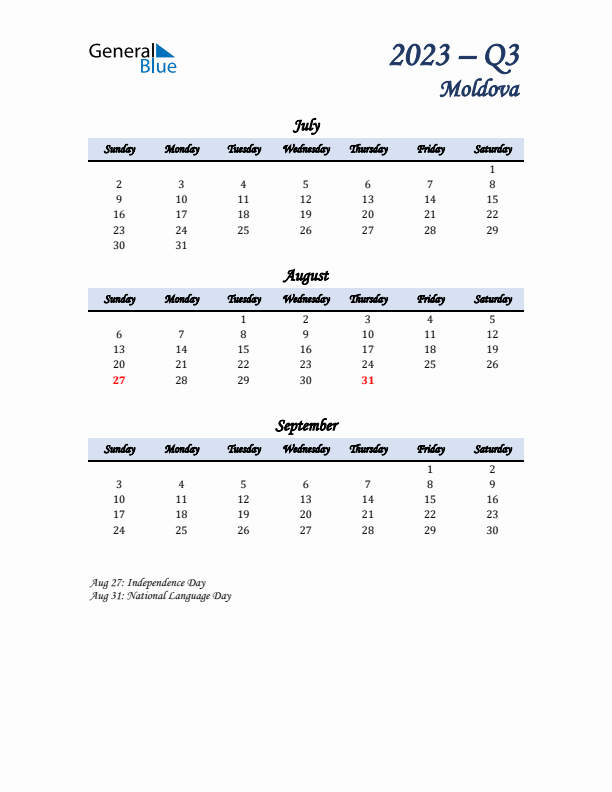 July, August, and September Calendar for Moldova with Sunday Start