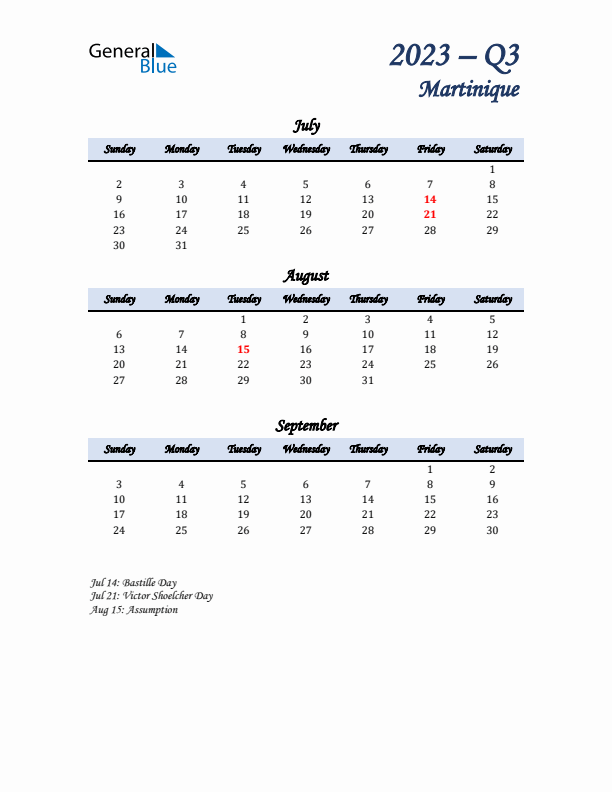 July, August, and September Calendar for Martinique with Sunday Start