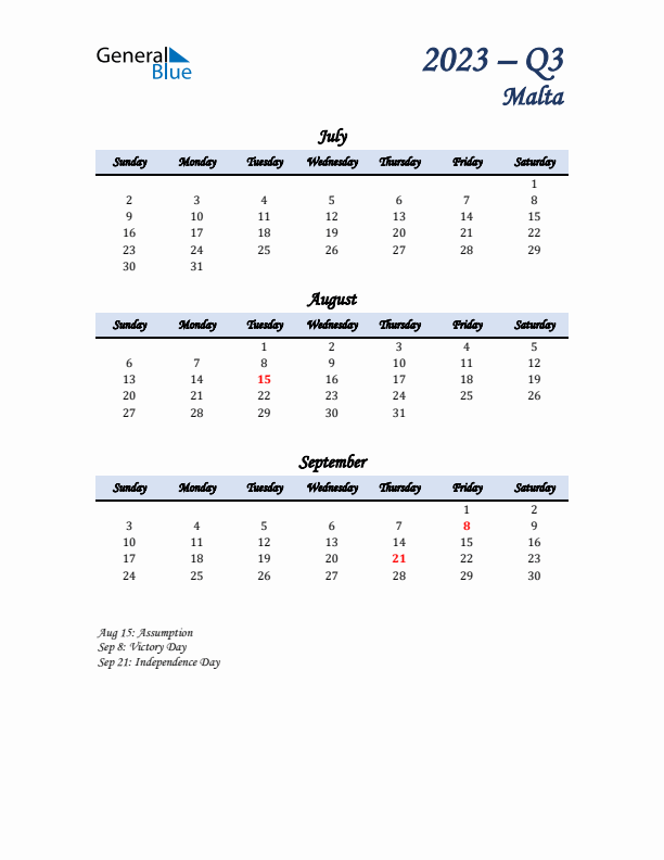 July, August, and September Calendar for Malta with Sunday Start