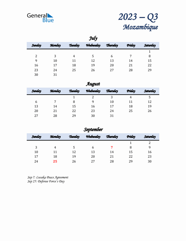 July, August, and September Calendar for Mozambique with Sunday Start