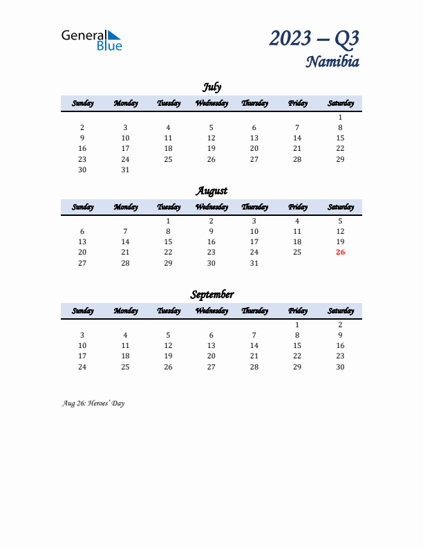 July, August, and September Calendar for Namibia with Sunday Start