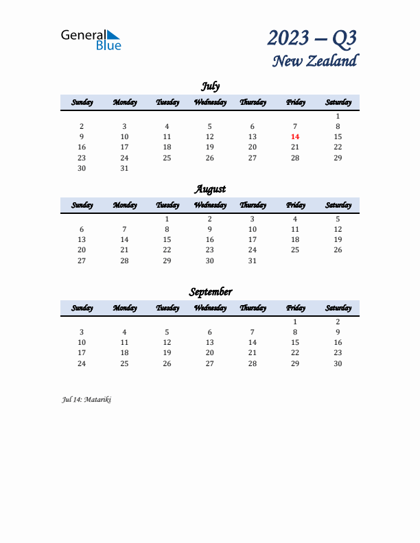 July, August, and September Calendar for New Zealand with Sunday Start