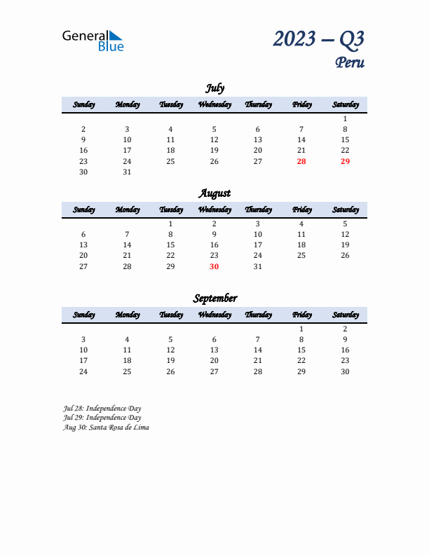 July, August, and September Calendar for Peru with Sunday Start