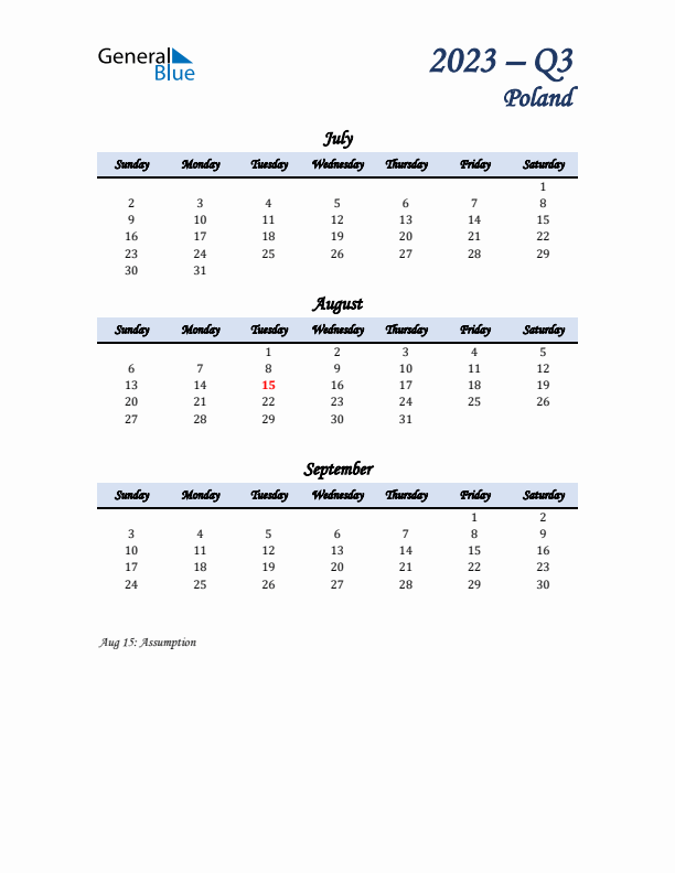 July, August, and September Calendar for Poland with Sunday Start