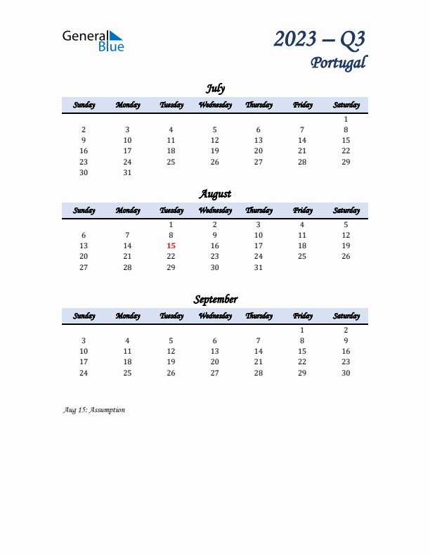 July, August, and September Calendar for Portugal with Sunday Start