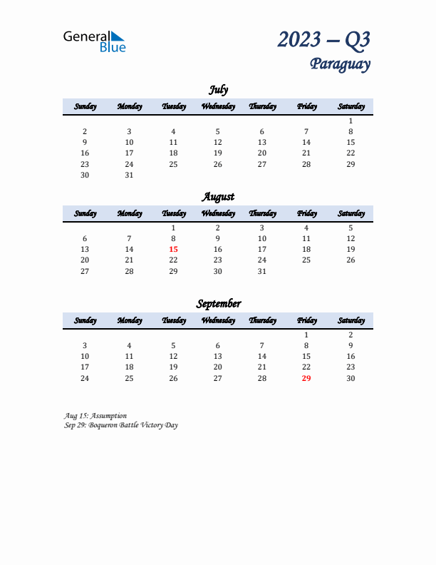 July, August, and September Calendar for Paraguay with Sunday Start