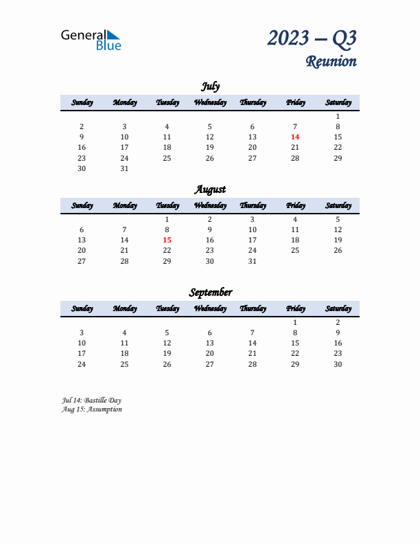 July, August, and September Calendar for Reunion with Sunday Start