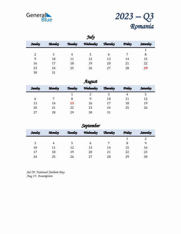 July, August, and September Calendar for Romania with Sunday Start