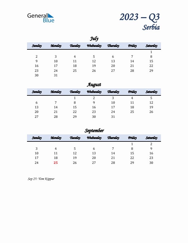 July, August, and September Calendar for Serbia with Sunday Start